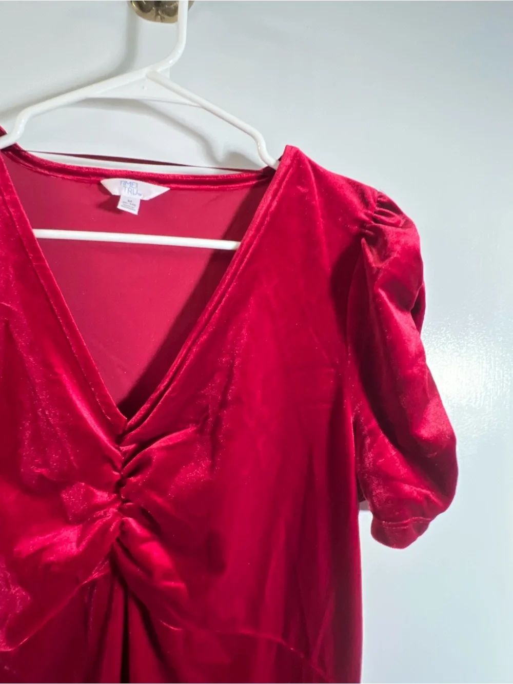 Time and Tru Womens Size Medium 8-10 V-Neck Puff Sleeve Velvet Velour Mini Dress